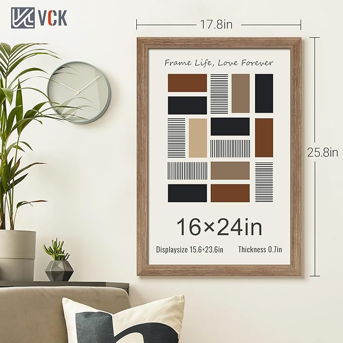 VCK 16x24 Frame 5 Pack - Brown Walnut, Natural Textured Solid Wood Poster Picture Frame, Wall Mounting Hanging