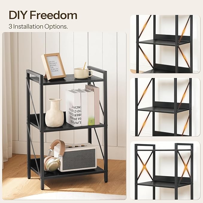 HOOBRO Bookshelf, 3-Tier Industrial Bookcase, Book Shelf Storage Organizer, Small Bookshelf with Metal Frame for Living Room, Bedroom, Home Office, Kitchen, Black BB71SJ01