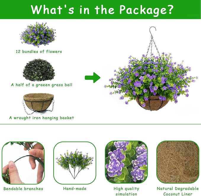 Artificial Hanging Flowers Basket, 12 UV-Resistant Bundles of Realistic Fake Flowers, Faux Plants for Outdoor Decor, Home, Garden, Porch, Patio, Spring & Summer Decorations, Purple