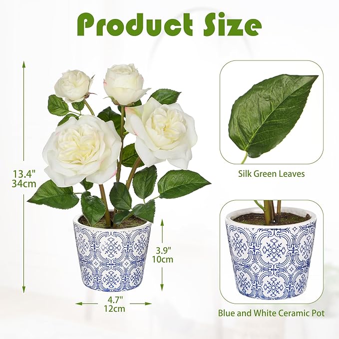 Hollyone White Roses Artificial Flowers in Blue and White Porcelain Vase 13.4" Fake Roses Flower Arrangement Artificial Plants & Flowers Potted Plant Faux Silk Rose Flower with Ceramic Pot Home Decor