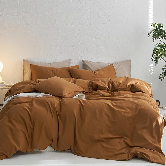 MooMee Super King Duvet Cover Set, 100% Washed Cotton Linen Like Twill Thick Sturdy Material Super Soft Breathable Durable Bedding for All Season, 3 Pieces (Dark Orange, Super King 108"x98")