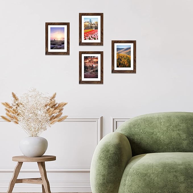 Giftgarden Brown 4x6 Picture Frame Set of 4, 5x7 Frame Matted to 4x6 Photo Rustic Walnut Frames with Mat for Wall or Tabletop Display