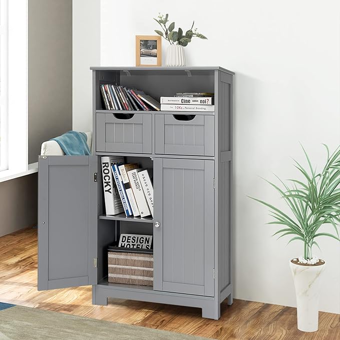 COSTWAY Bathroom Storage Cabinet, Freestanding Storage Organizer with 2 Drawers & Adjustable Shelf, Wooden Floor Cabinet for Living Room, Bedroom, Kitchen, Entryway (Gray)