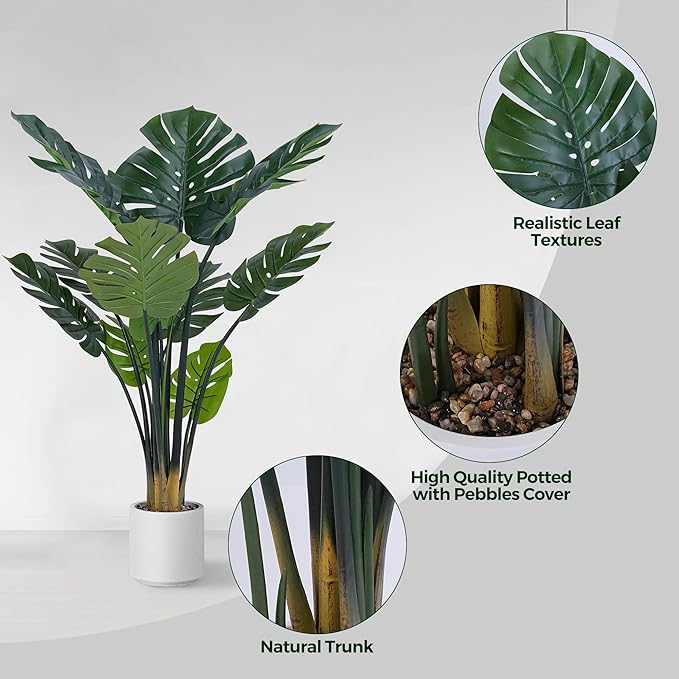Artificial Monstera Deliciosa Plants, 4FT Faux Monstera Plant with White Planter, Swiss Cheese Plant with Green Leaves Stems, Fake Tropical Silk Tree for Indoor Office House Living Room Home Decor