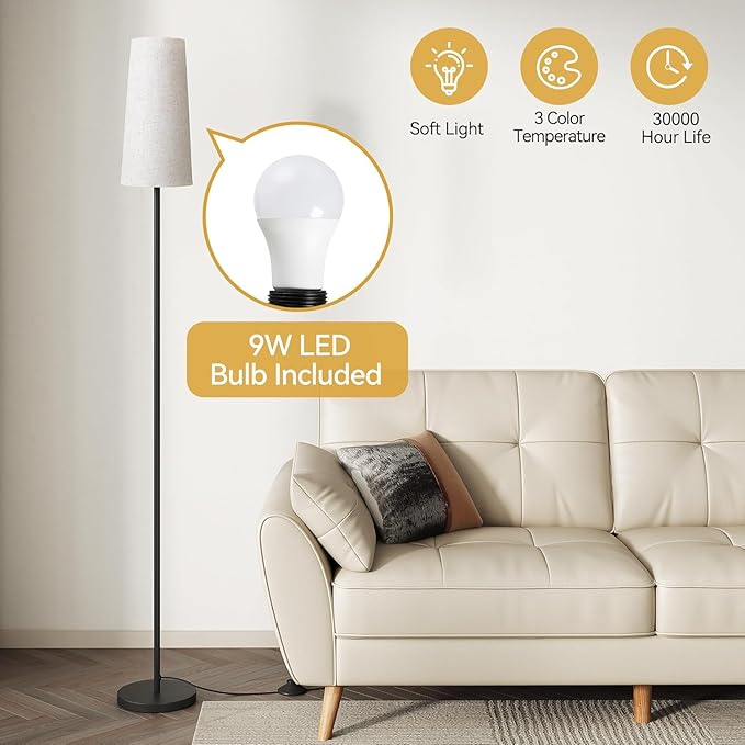 SUNMORY Floor Lamps for Living Room/Bedroom/Office, Standing Lamp with LED Bulb, 3 Color Temperature Tall Lamp, Suitable for Modern/Boho/Farmhouse and Other Home Decor Styles, Black Floor Lamp