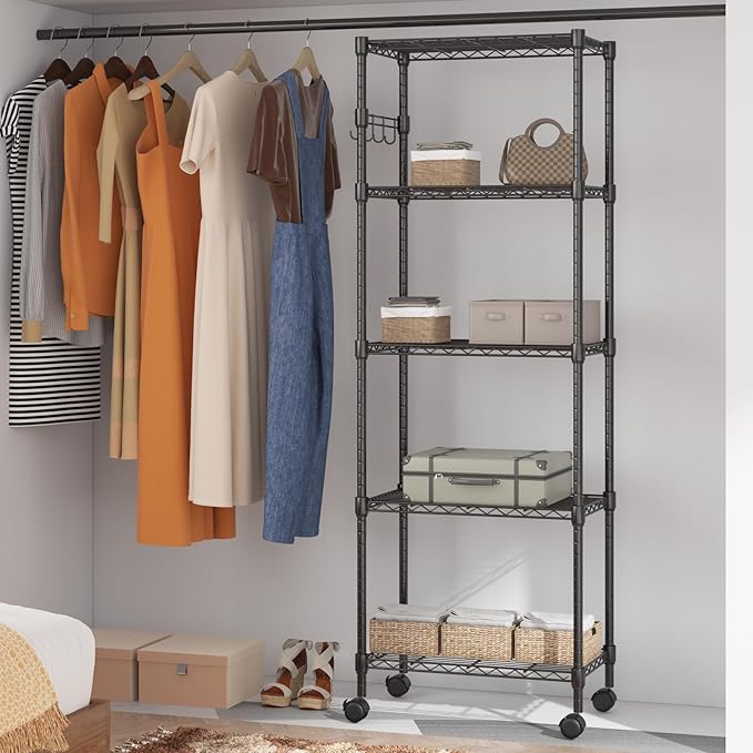 Homdox 5 Tier Wire Shelving Unit on Wheels, Adjustable Storage Racks and Shelving, Heavy Duty Rolling Metal Shelves with Side Hooks for Laundry Bathroom Kitchen Garage Pantry Organization, Black