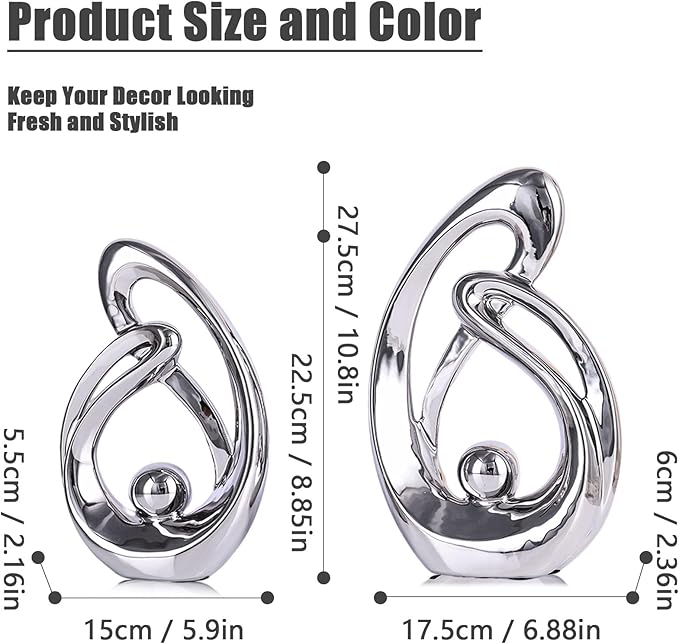 XMGZQ Home Decor Accent,Porcelain Art Mid Century Bookshelf Decorations,Gold Centerpieces for Tables,Abstract Ceramic Statue Sculpture for Coffee Table Mantel Tv Stand Centerpieces (Silver, Large)