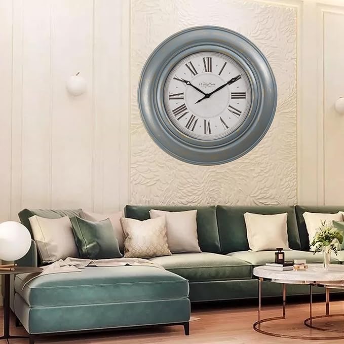 Extra Large Wall Clock, 30 Inch, Blue Bronze, Silent Non-Ticking Quartz Movement, Battery Operated, Decorative Roman Numeral, Vintage Clock Living Room, Office, Home Decor