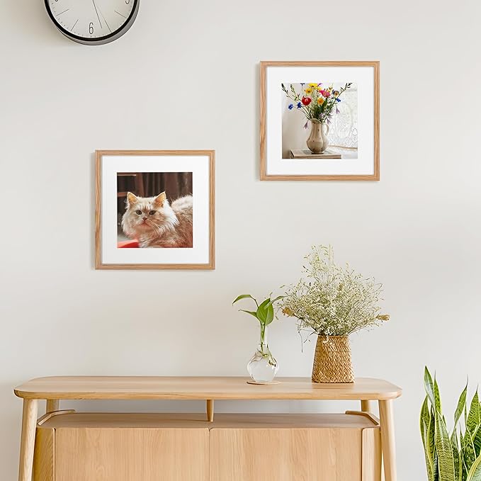 12x12 Picture Frame Set of 2, Oak Wood 12 x 12 Photo Frames for Wall, Square 12 by 12 Wood Frames with Real Glass, 12x12 Frame Matted to 8x8, 12 x 12 Wall Gallery Frame Set