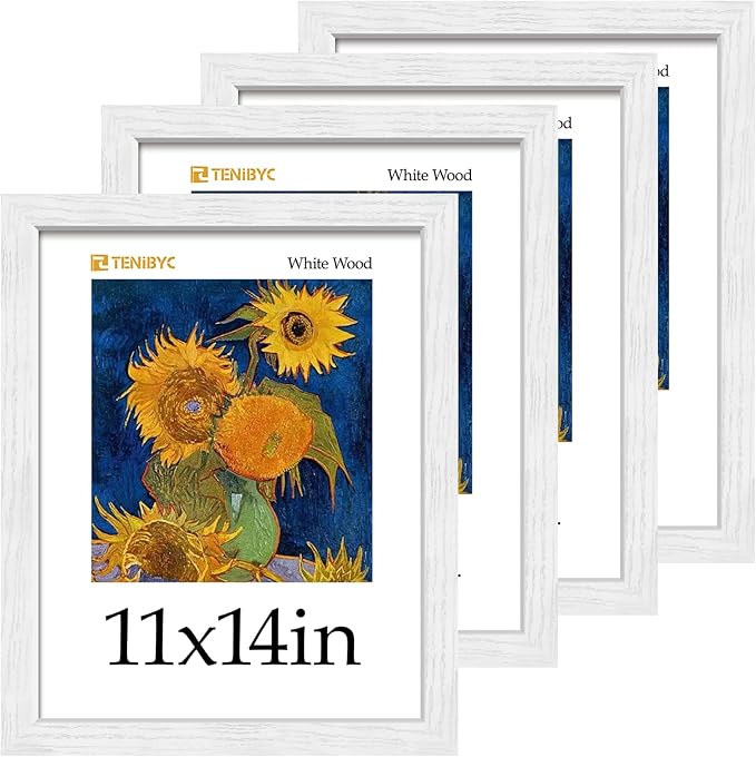11x14 White Picture Frame - 4 Pack, HD Tempered Glass, Elegant Wood Grain, Classic 11 x 14 Photo Frame, Wall Hanging - Bedroom Decoration