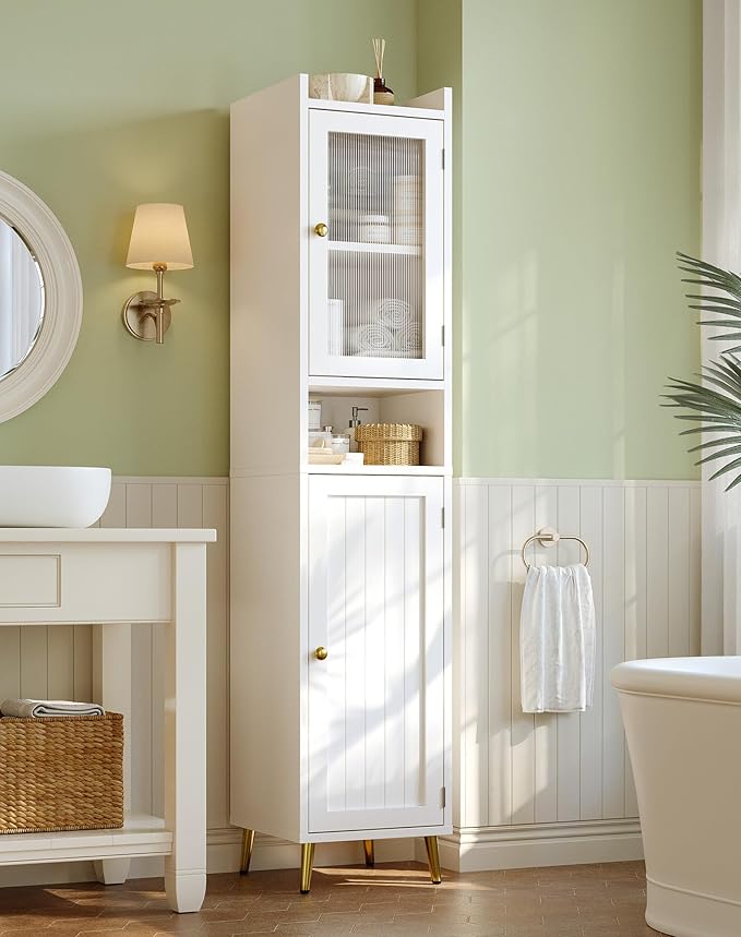 69'' Tall Bathroom Storage Cabinet with 2 Adjustable Shelves, White 6 Tier Narrow Bathroom Cabinet with 2 Doors, Slim Linen Cabinets for Brathroom,Home Office,Wood