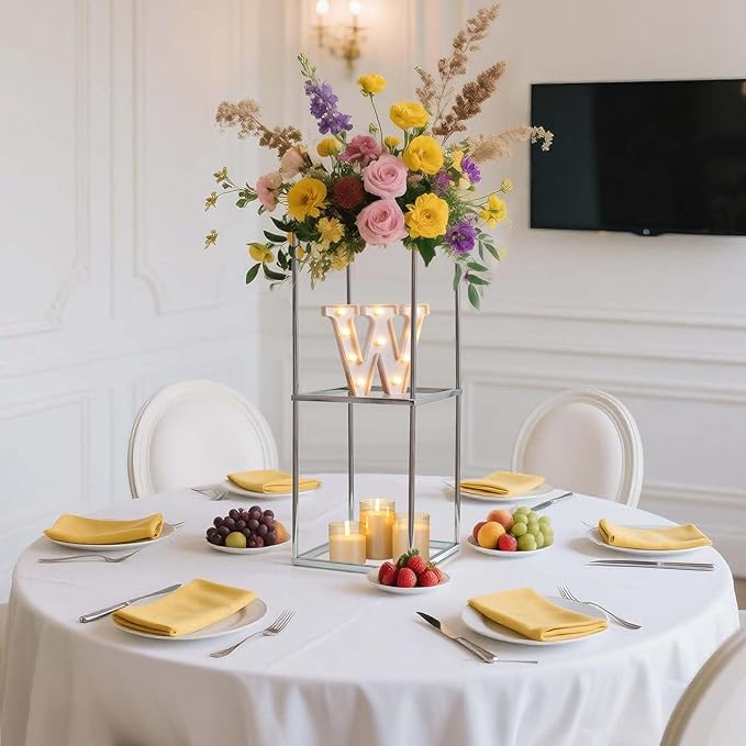 2-Tier Metal Flower Stand Set with Acrylic Shelves, Geometric Display Rack for Wedding Centerpieces, Party Decor, Tall Floor Vase Stand (Silver, 2 Pcs-25)