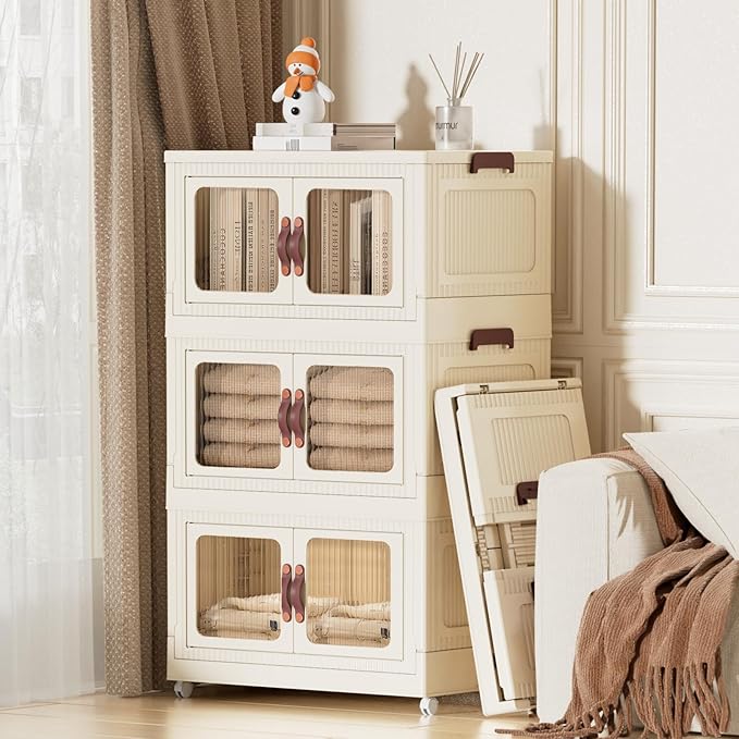 Stackable Storage Bins 55 Qt, Folding Storage Bins with Lids and Doors, Open Front Folding Storage Box with Wheels Plastic Storage Containers Closet Organizers Home Beige (1 Tier)