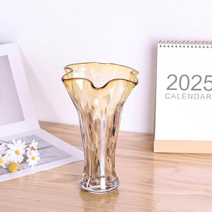 9.0"H Amber Glass Vases for Flowers, Unique Hand Blown Glass Vase Amber Gold Home Decor, Wide Mouth Colorful Flower Vase Centerpieces, For Living Room Table Bookshelf, Bathroom Office Shelf Decorative