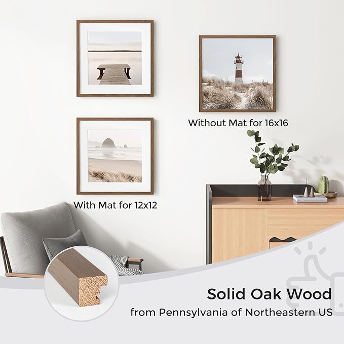 Axeman 16x16 Picture Frame with Mat for 12x12, Solid Oak Wood Square Picture Frame with Tempered Glass, Wooden Square Photo Frame 16''x16'' for Art Photo and Prints, Set of 2, Walnut