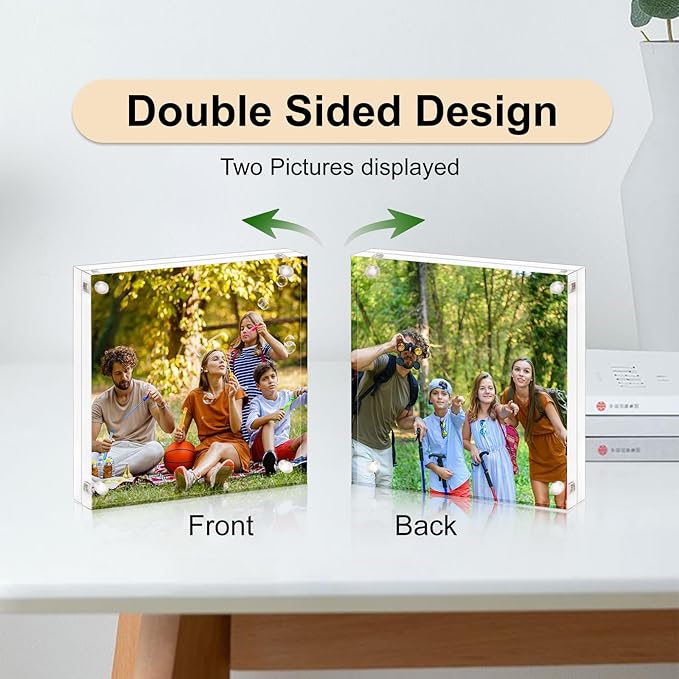 AMEITECH Acrylic Picture Frame 6x6-2 Pack, Clear Double Sided Frameless Photo Frame with Magnetic, Free Standing Desktop Acrylic Frame Display, Lucite Frame with Gift Box Package