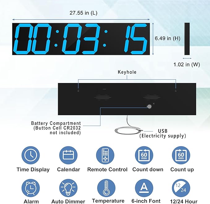 Digital Wall Clock, Oversize Led Digital Clock Large Display with Auto Dimmer, Huge Countdown Timer with Remote Control, 27" Wide Display, 6 Digits, Wall Mount, Date and Temperature(Ice Blue)