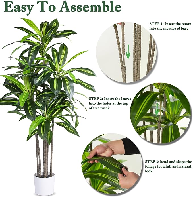 Artificial Dracaena Tree Indoor, 5FT Tall Faux Tree with Natural Wood Trunk and Lifelike Leaves, Tall Artificial Plants Indoor, Fake Plants for Home, Office, Living Room Decor