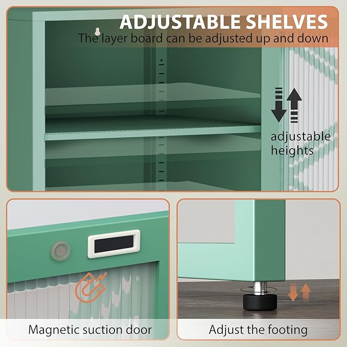 LEYNOT Small Bathroom Storage Cabinet 42.51“H Metal Bathroom Floor Cabinet with Adjustable Shelves for Pantry，Kitchen, Home Office, Living Room, Dinning Room (Green+Transparent Door Panel)