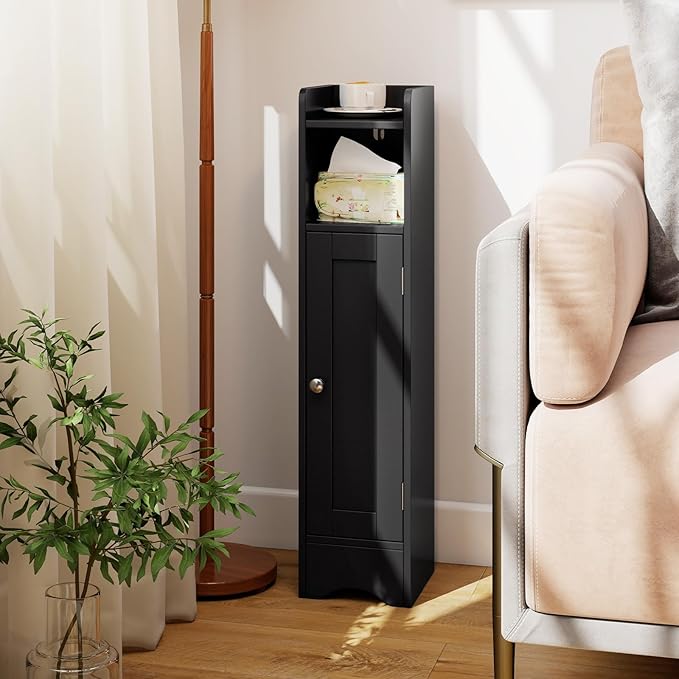 Tangkula Small Bathroom Storage Cabinet with Door, Toilet Paper Holder Stand with Adjustable Shelves & Open Compartment for Small Spaces, Narrow Freestanding Storage, 7 x 7.5 x 31.5 Inches (Black)