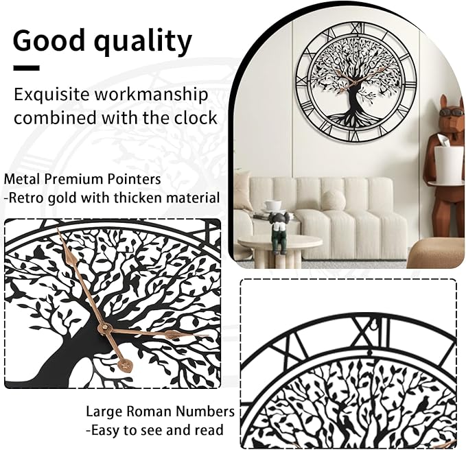 Tree of Life Wall Clock, 24Inch Metal Black Family Tree Oversized Wall Clocks for Living Room Bedroom Home Decor, Modern Silent Mid-Century Battery Operated