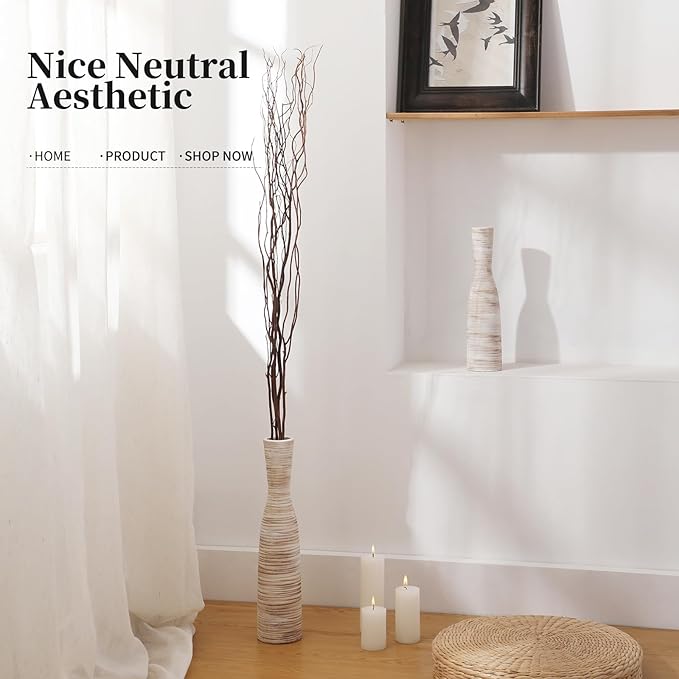 ALMA 17" Tall Floor Vase for Pampas Grass,White Brown Ceramic Centerpiece for Dresser,Skinny Pampas Grass Vessel for Floor,Entryway Table,Fireplace Decor
