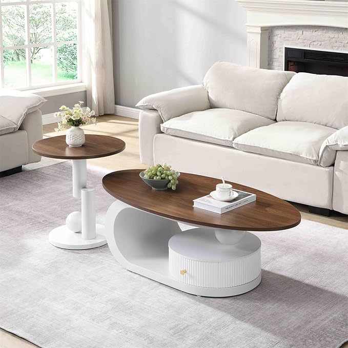 2 Piece Living Room Set, Storage Drawer, Modern Nest Coffee Table Set of 2, Wooden Brown Tabletop Oval Coffee and End Table Set with White Iron Geometric Base