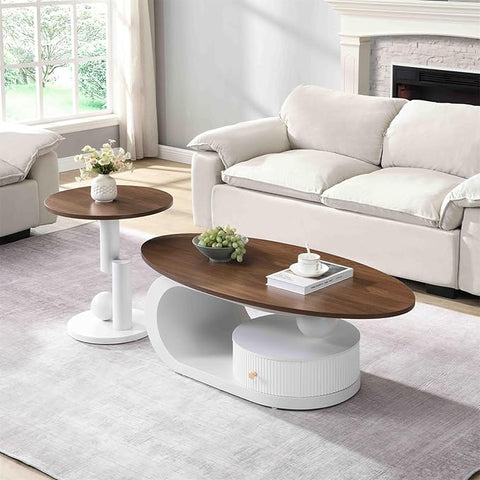 2 Piece Living Room Set, Storage Drawer, Modern Nest Coffee Table Set of 2, Wooden Brown Tabletop Oval Coffee and End Table Set with White Iron Geometric Base