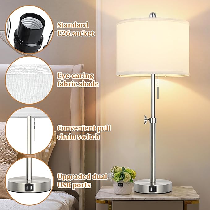 Table Lamp Set of 2 for Bedroom, Bedside Lamp with 2 USB Ports, 23" to 30" Height Adjustable Tall Table Lamp for Living Room End Tables, Modern Silver Nightstand Lamp with Pull Chain