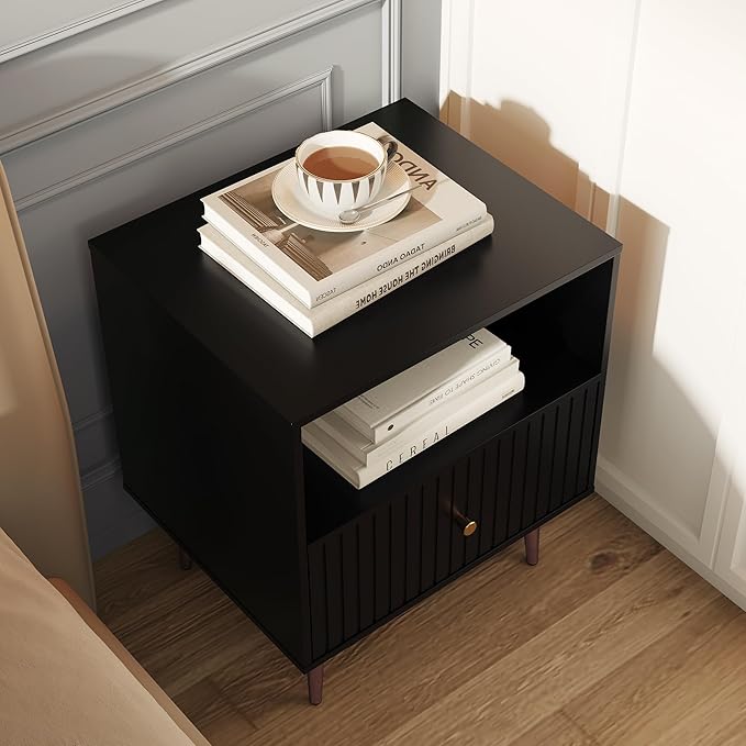 Black Night Stand Set 2,Modern Bedside Table with Door and Open Storage,Fluted Nightstand and Wood End Side Table with Rose Gold Metal Legs and Handles for Bedroom,Living Room,Black