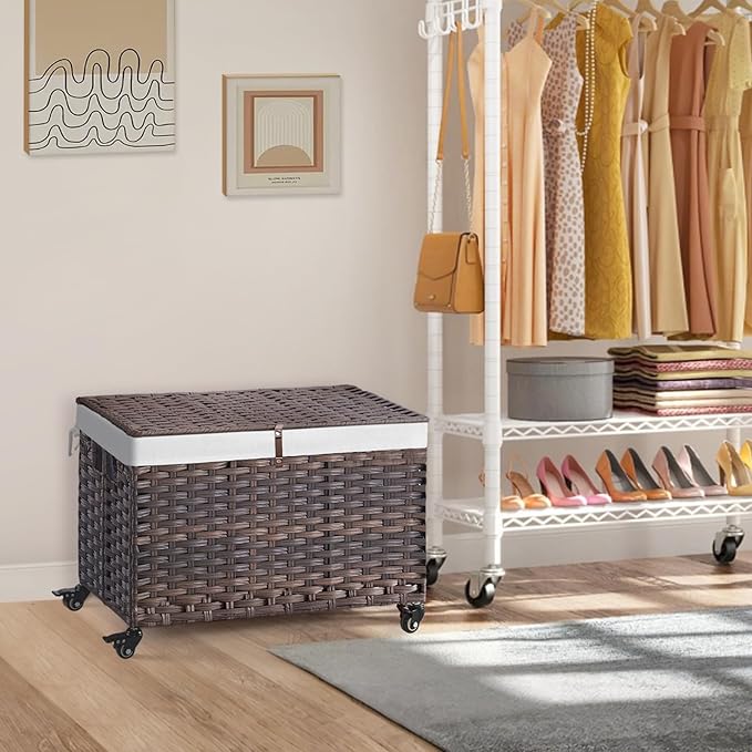 Rolling Storage Basket with Lid, 47.6 Gallon (180L) Storage Bin with Wheels, Woven Rattan Blanket Storage Basket with Handles, Foldable, Metal Frame, Removable Liner for Bedroom, Laundry Room, Brown