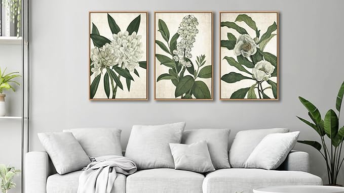 Large Framed Canvas Wall Art - Natural Float Framed White Flowers Green Leaves Pictures Decor Simple Botanical Plants Artwork for Living Room Bedroom Kitchen Home Office Decoration 60" X 28" Set of 3