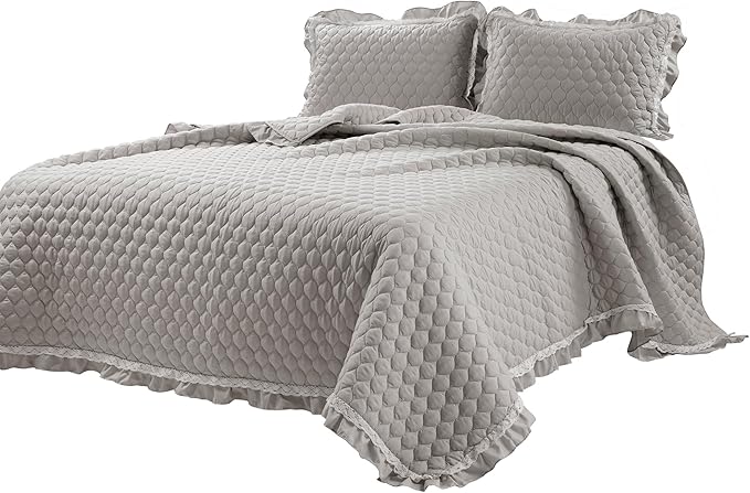 Lush Decor Ella Ruffle Lace Quilt, 3 Piece Set, Full/Queen, Light Gray - Cute Comforter - Queen Bedding Set - Gray Bedding Full Size - Coquette Decor - Ruffle Trim - Lace Trim