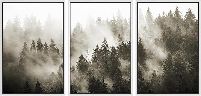 SIGNWIN Framed Canvas Print Wall Art Woodland Nursery Decor Set Duotone Blue Misty Pine Tree Forest Nature Modern Art Rustic Landscape Colorful for Living Room, Bedroom, Office - 24"x36"x3 White