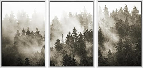 SIGNWIN Framed Canvas Print Wall Art Woodland Nursery Decor Set Duotone Blue Misty Pine Tree Forest Nature Modern Art Rustic Landscape Colorful for Living Room, Bedroom, Office - 24"x36"x3 White