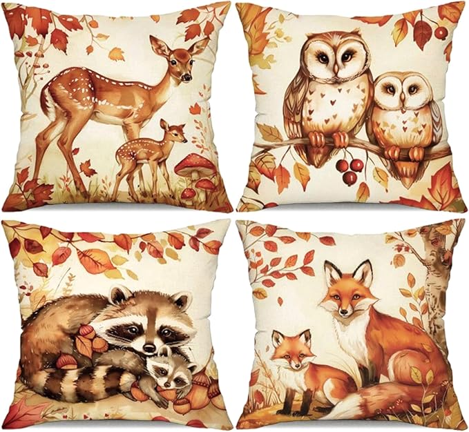 Animal Family Theme Fall Pillow Covers 20x20 Inch Set of 4, Burnt Orange Rust Decorative Autumn Thanksgiving Harvest Home Decor for Sofa Couch Living Room