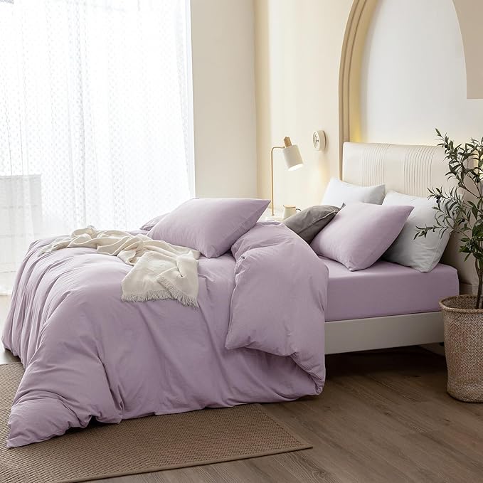 JIYUAN 100% Washed Cotton Duvet Cover Set 3 Pieces Full, 1 Duvet Cover 80x90 Inches(Comforter Not Included) and 2 Pillowcases,Linen Like Comfy and Breathable,Heathered Light Purple