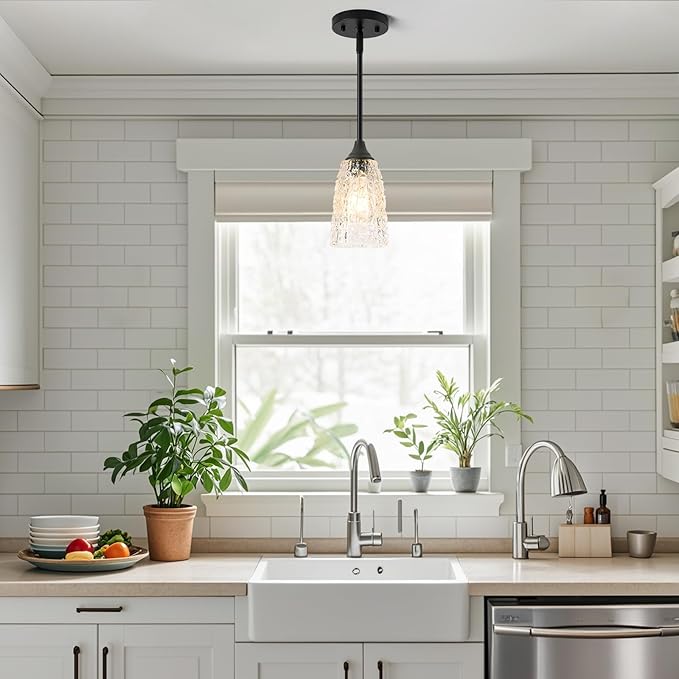 Glass Pendant Lights Kitchen Island, 1-Light Modern Black Pendant Light Fixtures with Hammered Clear Glass and Rods, Farmhouse Mini Hanging Light for Kitchen Sink Dining Room Bedroom, E26