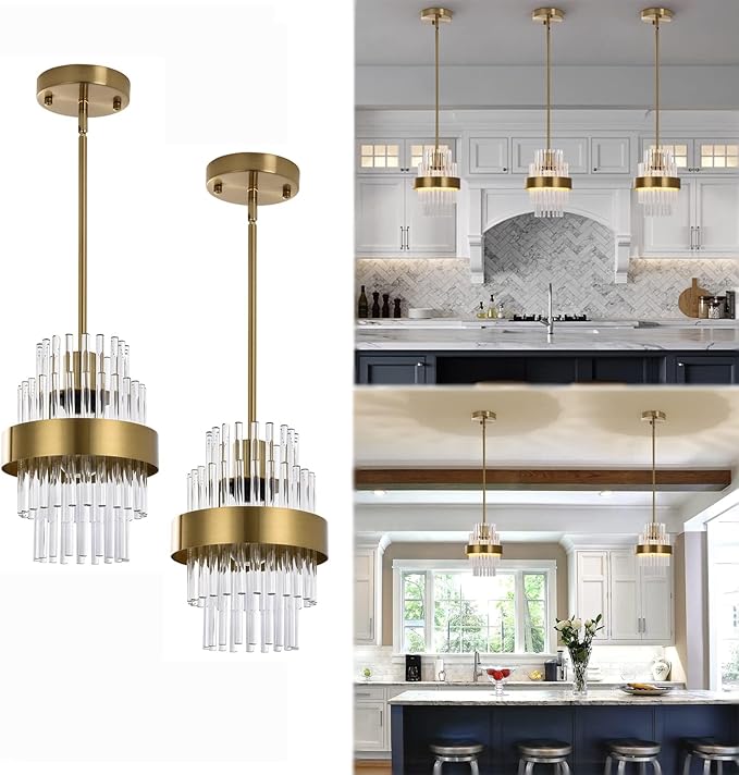 Pendant Light Fixtures, 7inch Modern Glass Pendant Light, 2 Pack Brass Color Kitchen Island Pendant Lights, Height Adjustable Pendant Lighting