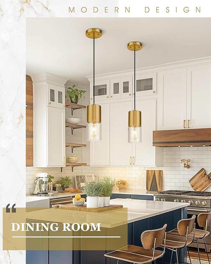 2-Pack Pendant Lights Kitchen Island, Brushed Gold Shade Hanging Lights Fixtures with Cylinder Clear Glass, Brass Kitchen Pendant Lighting Over Island for Dining Room, AD-24023-1P2-GD