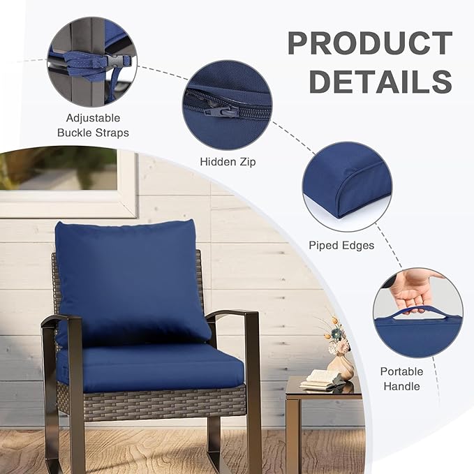 BPS 21x21 Inch Deep Seat Outdoor Cushions Set of 2, Navy Blue Fade-Resistant and Water-Resistant Patio Chair Cushions for Wicker Chairs, Sofas, Love Seats