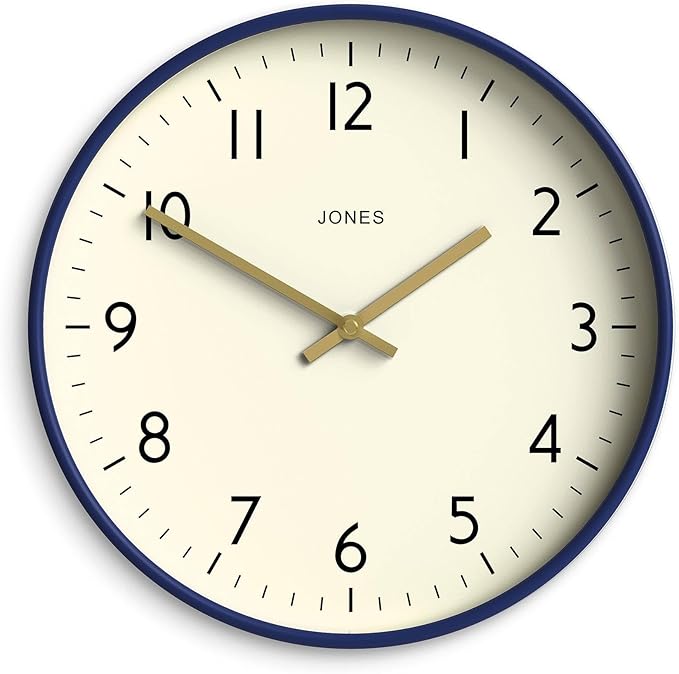 JONES CLOCKS® Studio Wall Clock | Modern Round Clock | 12 inch | Dark Navy Blue | Easy to Read Numbers | Versatile Design for Kitchen, Living Room or Office