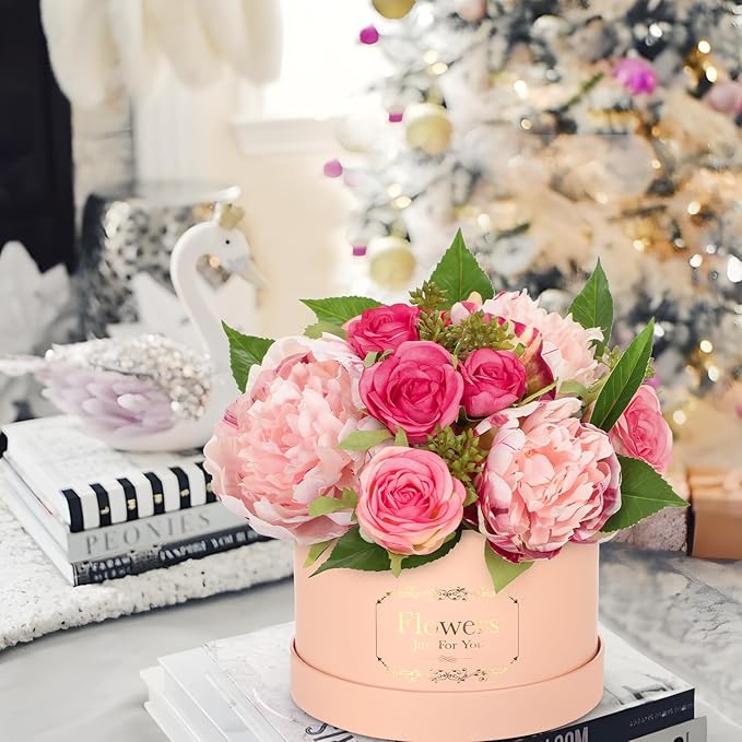 Hollyone Pink Peonies Roses Artificial Flowers in Vase Round Gift Boxes with Fake Flowers Arrangements Faux Flowers Floral in Box Vase for Her Mothers' Day Valentine's Day Christmas Birthday Gift