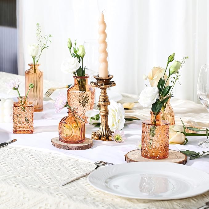 Mini Bud Vases Set of 12 As Wedding Centerpieces for Tables,Clear Bud Vases for Flowers,Small Flower Vases Suitable for Birthday Party,Anniversary,Wedding Reception,Baby Shower (Amber, 12PCS)