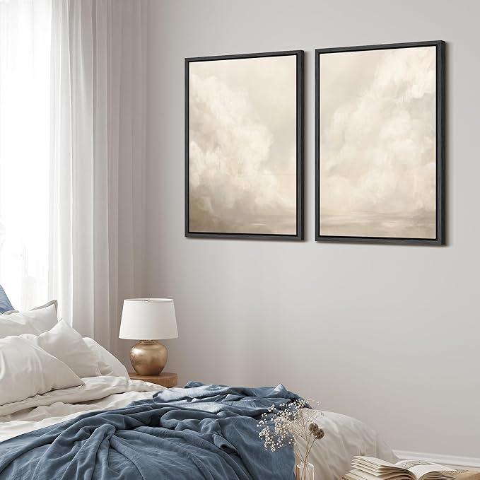 MUDECOR Framed Canvas Print Wall Art Neutral Cloudscape Soft Abstract Sky Illustrations Modern Art Decorative Bohemian Colorful Chic for Living Room, Bedroom, Office - 24"x36"x2 Black