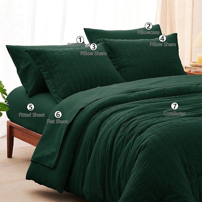 CozyLux Full Size Comforter Sets with Sheets Seersucker 7 Pieces Emerald Green Bed in a Bag Textured Luxury Soft Bedding Set with Down Alternative Comforter, Sheets, Pillowcases & Shams for All Season