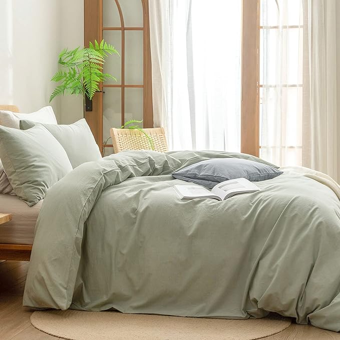 BESTOUCH Duvet Cover Set 100% Washed Cotton Linen Feel Super Soft Comfortable Chic Lightweight 3 PCs Home Bedding Set Solid Sage Green Cal King