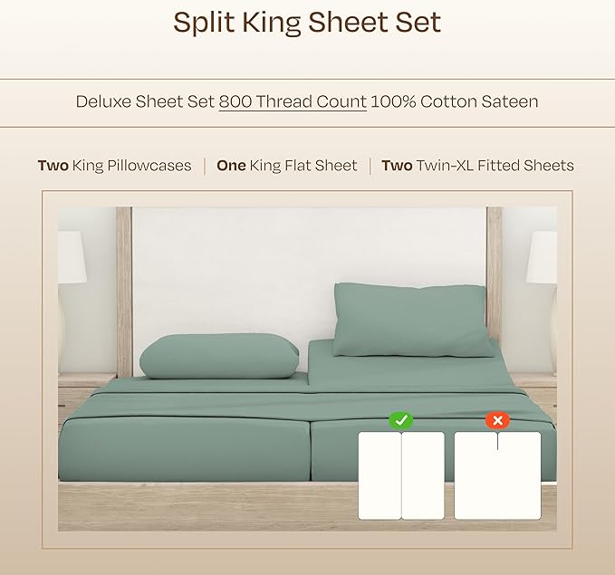California Design Den King Split Sheets For Adjustable Bed Set - Luxury Hotel 800 Thread Count Sateen, Natural 100% Cotton Bedding Sheets & Pillowcases, Deep Pockets with Anti-Skid Elastic -Sage Green