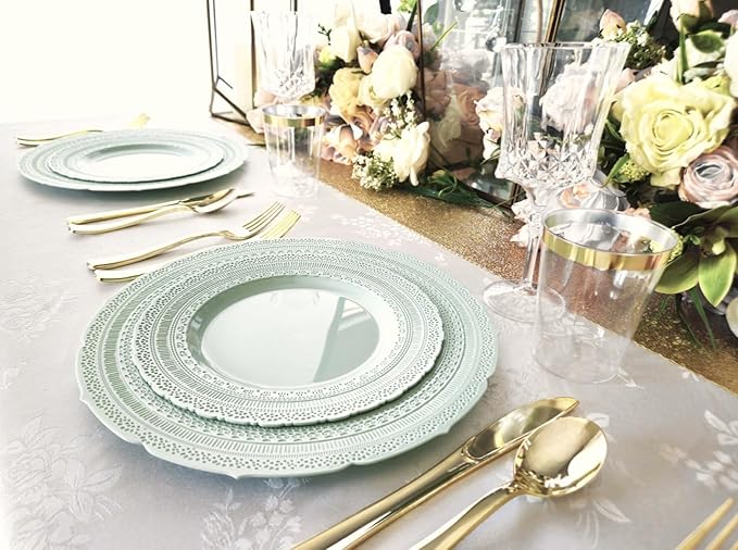 " OCCASIONS " 50 Plates Pack (25 Guests)-Extra Heavyweight Vintage Wedding Disposable/Reusable Plastic Plates -25x11'' Dinner + 25x8.25'' Salad/dessert (Chateau Mint)