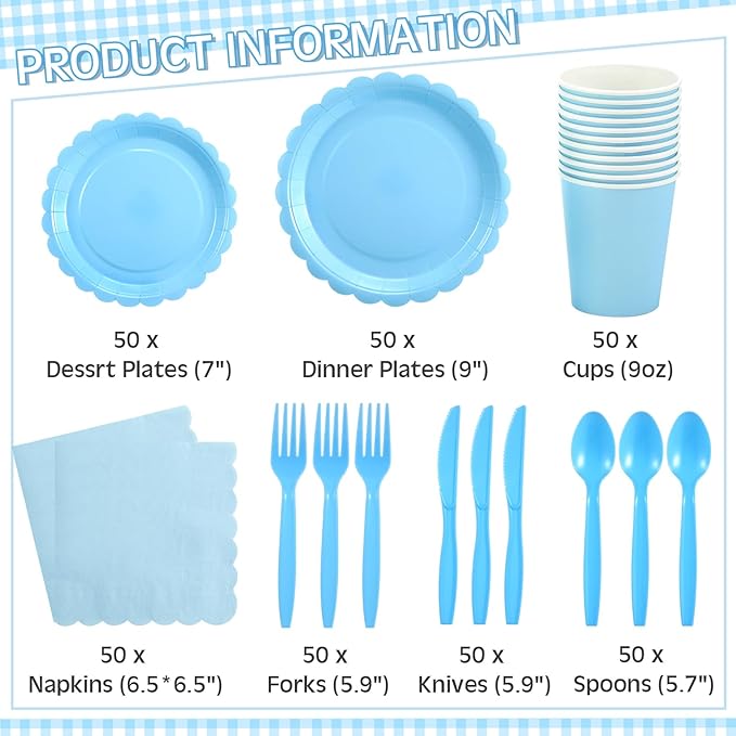350 Pcs Baby Blue Plates and Napkins, 50 Guest Spring Party Supplies Include Scalloped Paper Plates Napkins Cups Plastic Spoons Forks Knives Disposable Tableware Set for Baby Shower